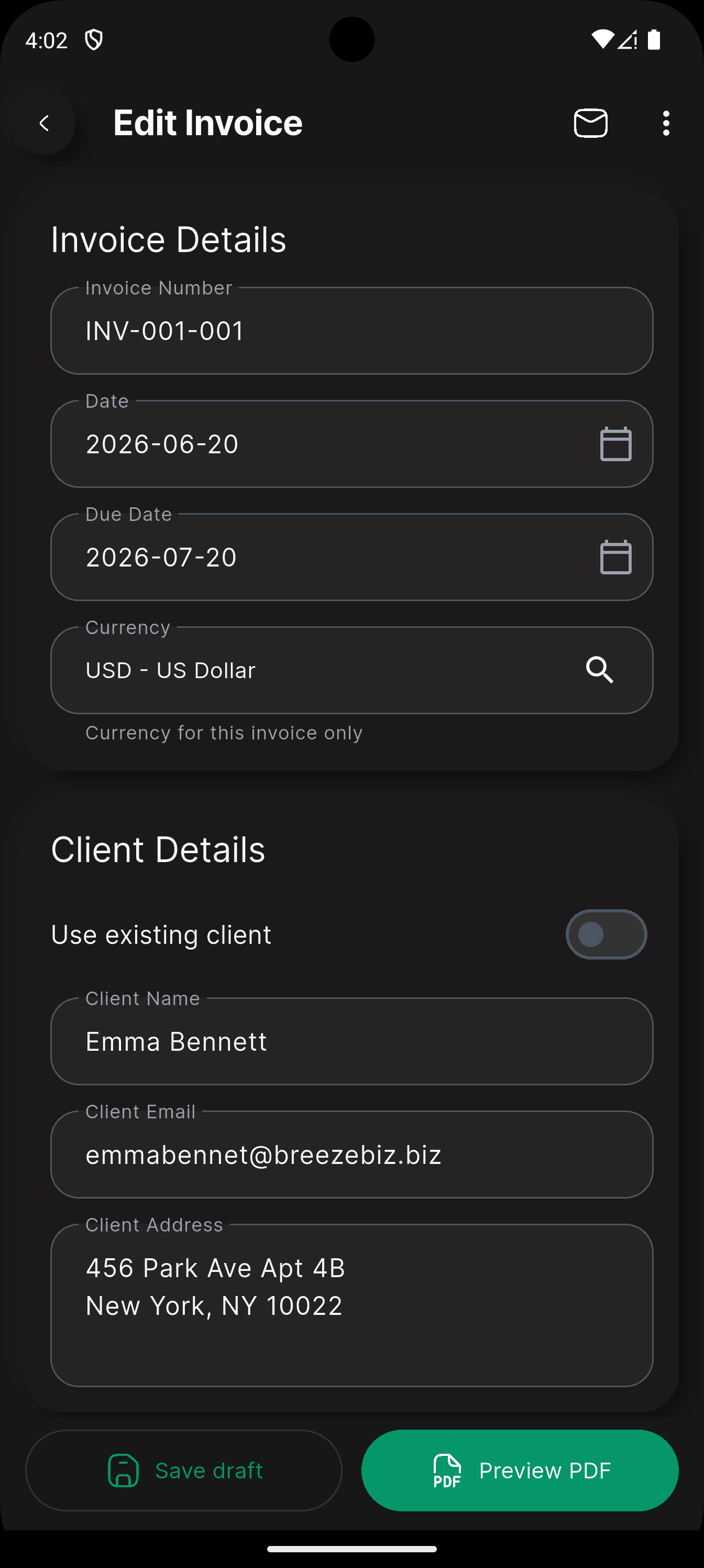 BreezeBiz — Create Invoice